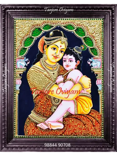 Krishna Yashodha painting depicting mother Yashoda lovingly holding baby Krishna in traditional Tanjore art